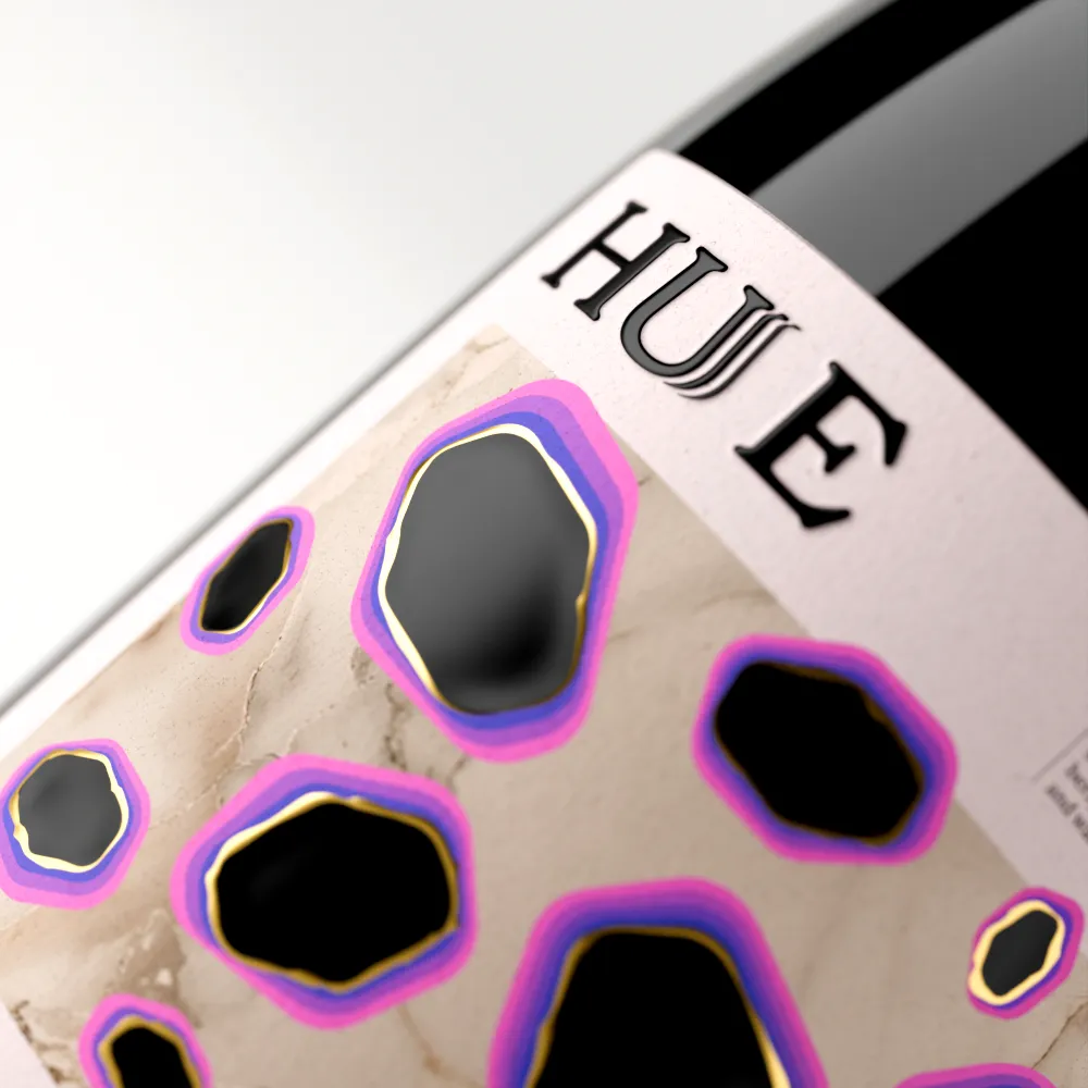 Close-up of the HUE Dornfelder label with pink and purple colour-depth graphics
