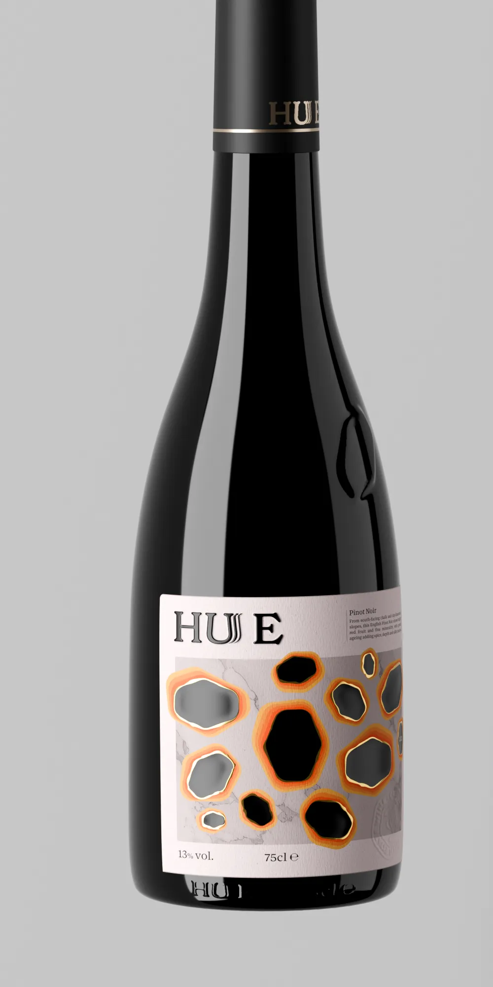 HUE Pinot Noir bottle featuring orange colour-depth graphics on the label